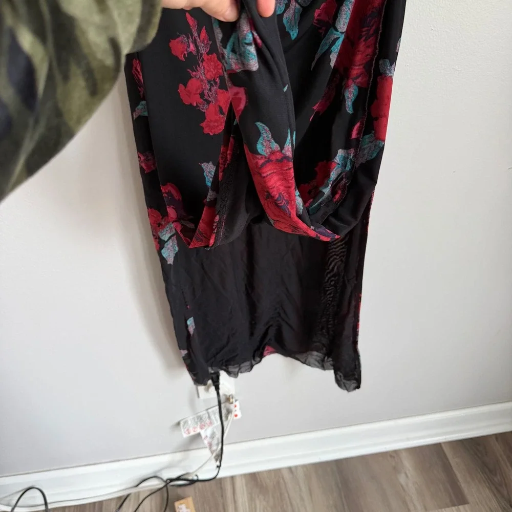 Free People Floral Mesh Maxi Dress Black Red Sleeveless XL‎ Stretch Sexy Cowl